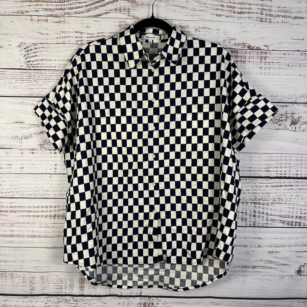 Madewell Navy Cream Check Cuff SS Button Up Top Cotton Boxy Oversized Womens M